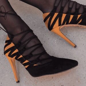 Black and Tan Lace-Up Pointed Stiletto Heels